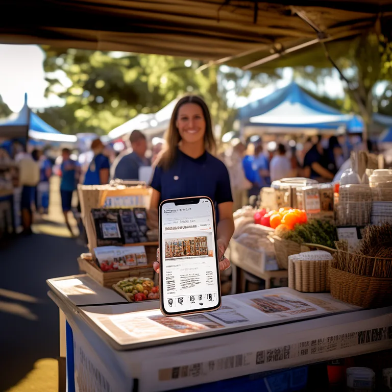 A craft stallholder at an Australian farmers market holding a smartphone showing a vendor storefront page with product…
