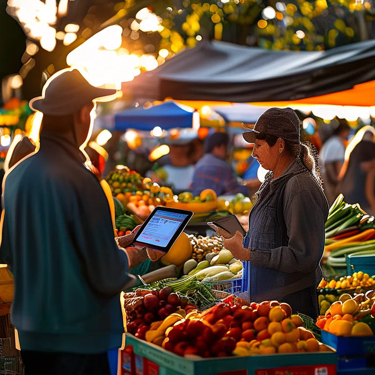 A busy outdoor Australian farmers market at golden hour. A market organiser in practical clothing holds a tablet displaying…