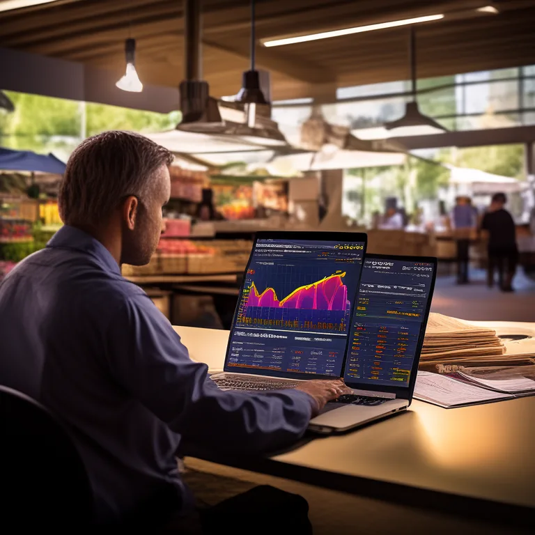 An Australian market organiser sits at a desk reviewing a live analytics dashboard on a laptop. The screen shows revenue…