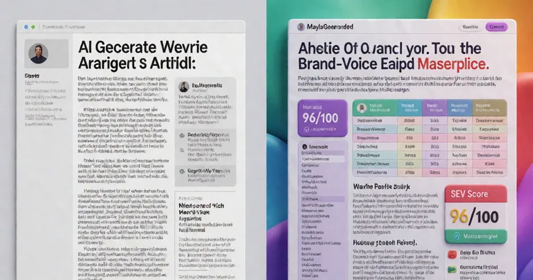 A split-screen visual showing a generic AI-generated article on the left (grey, bland, low detail) versus a Mayla-generated…