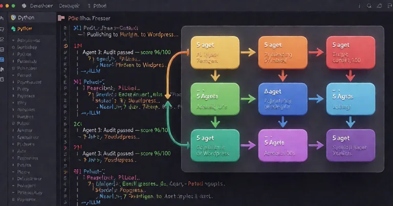 A developer's terminal window showing Python code orchestrating multiple LLM API calls, with a flowchart overlay of a…