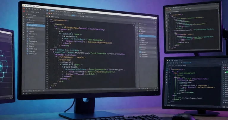 A dark-themed developer workspace with multiple monitors displaying Unity Editor, C# code with highlighted security…