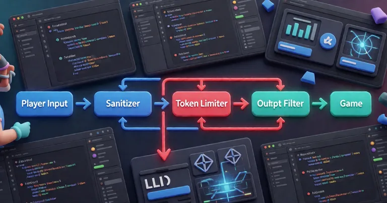 A flowchart showing LLM input sanitization pipeline in a Unity game. Steps: Player Input -> Sanitizer -> Token Limiter ->…