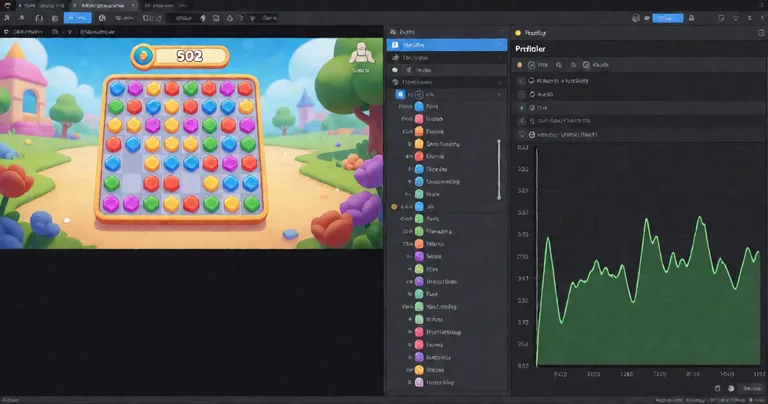 A Unity Editor screenshot showing a casual game scene with a colorful 2D puzzle board, a hierarchical GameObject tree, and…