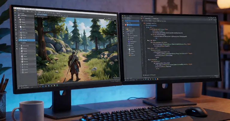 Photorealistic dual-monitor developer workspace, left screen shows Unity Editor with a 3D RPG forest scene and hierarchy…