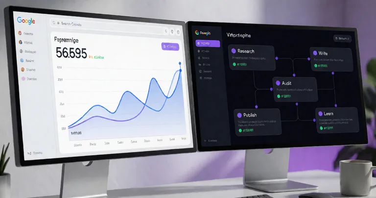 Photorealistic modern workspace, two large monitors. Left monitor: Google Search Console performance graph with rising blue…