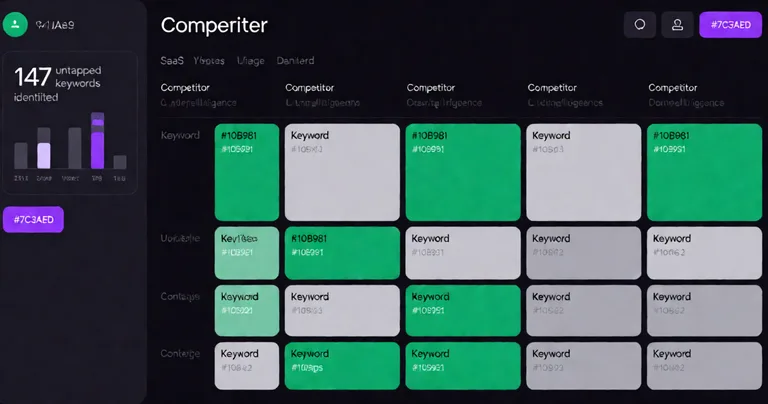 Dark-mode SaaS competitive intelligence dashboard UI. Grid layout: competitor domains as columns, keyword clusters as rows…