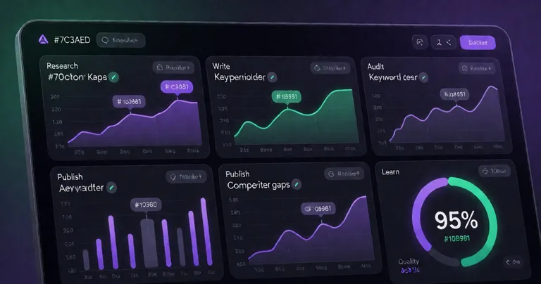 A futuristic dashboard UI showing an AI-driven SEO pipeline with five stages: Research, Write, Audit, Publish, Learn. Dark…