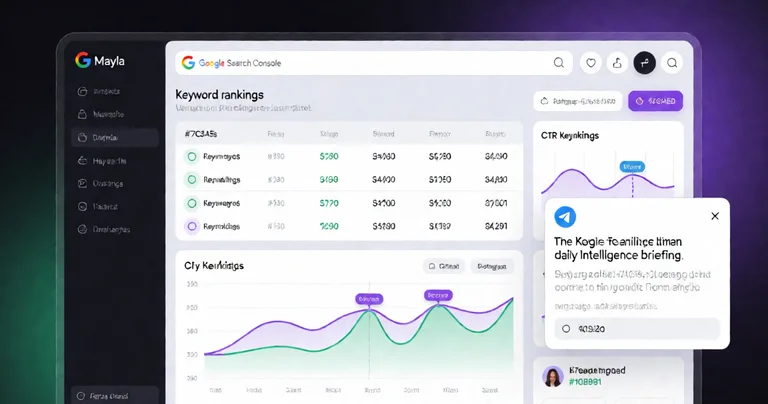 A Google Search Console dashboard integrated with Mayla's analytics. Shows keyword rankings table, CTR trend graph, and a…
