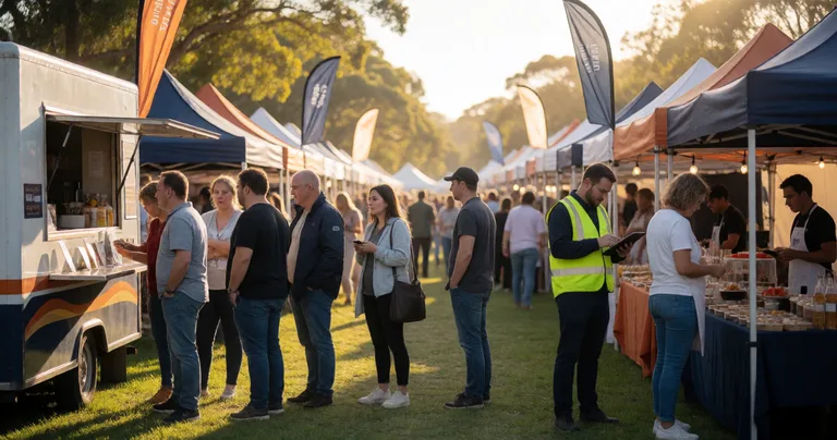 Wide shot of an Australian outdoor market at golden hour, rows of colourful stall tents, a food truck with a queue, an event…