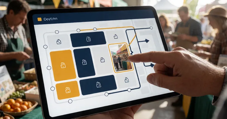 Close-up of a tablet screen showing a digital event site map with colour-coded stall blocks, power icons, and access route…