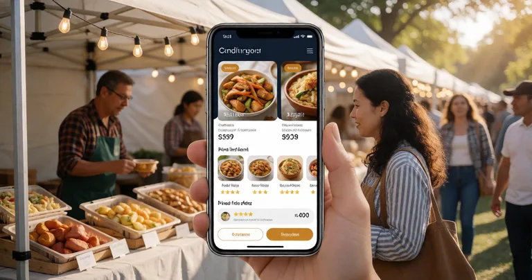 Smartphone screen showing a vendor storefront page for a food stall with product photos, prices, and reviews. Held by a…