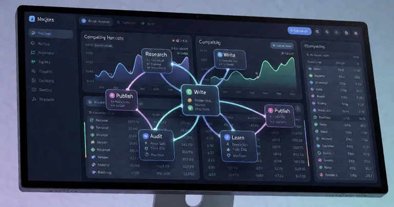A dark, modern dashboard on a large monitor showing a multi-agent SEO pipeline β nodes labeled Research, Write, Auditβ¦