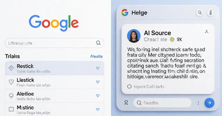 A split-screen illustration showing a traditional Google search results page on the left and an AI chat interface on theβ¦