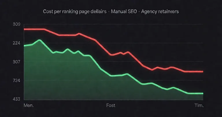 A clean line graph showing cost per ranking page declining over time for an autonomous SEO system versus a flat, high lineβ¦