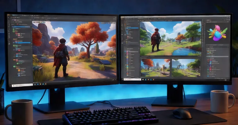Photorealistic dual-monitor developer workstation, dark IDE theme, left monitor shows Godot Engine editor with node tree…