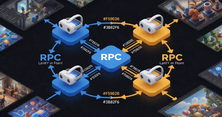 Clean isometric network topology diagram, four VR headset icons arranged in a circle connected to a central authoritative…