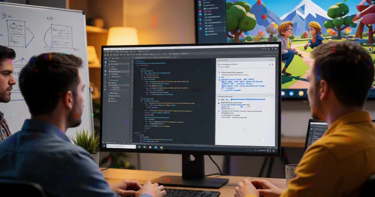 A team of three Unity developers collaborating around a large monitor showing IntelliJ IDEA with a code review interface…