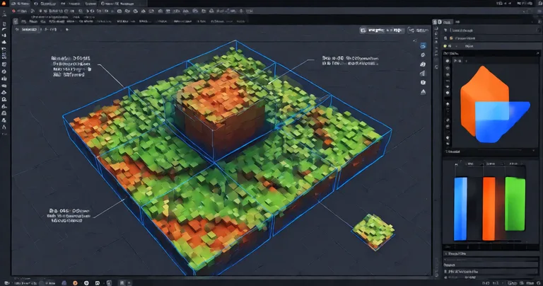 A Unity Editor screenshot showing a voxel terrain with chunk boundaries highlighted in blue wireframe, a Profiler window…