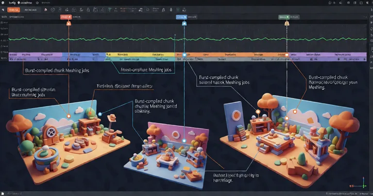 A Unity Profiler timeline screenshot showing Burst-compiled chunk meshing jobs running in parallel across four worker…