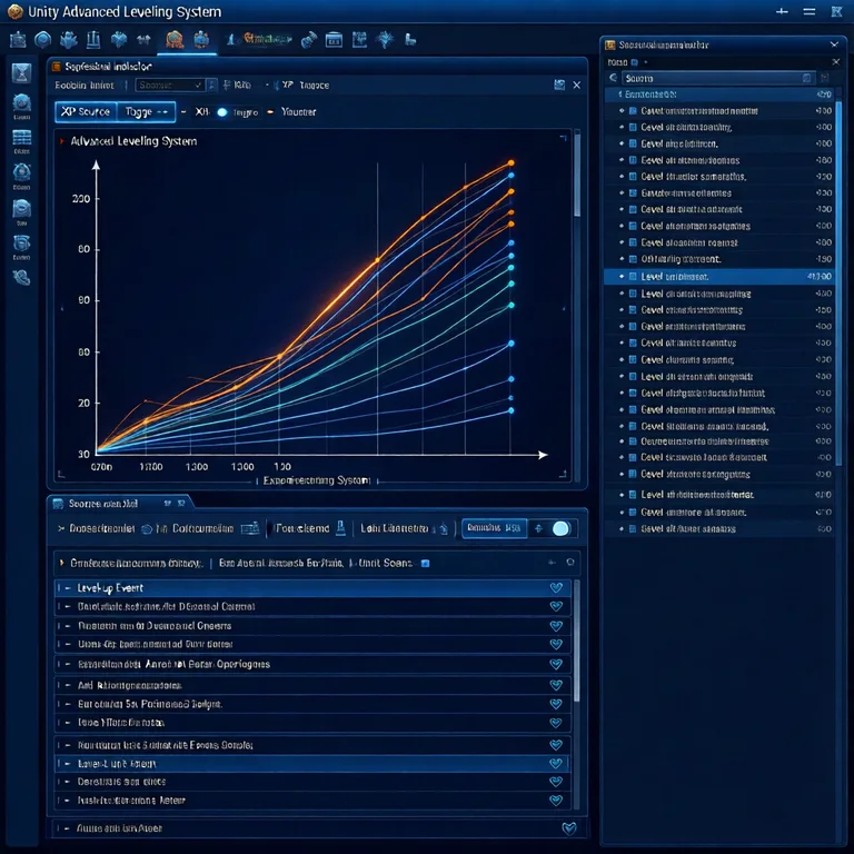 A Unity Inspector view of the Advanced Leveling System showing an experience curve graph, XP source toggles, and a level-up…