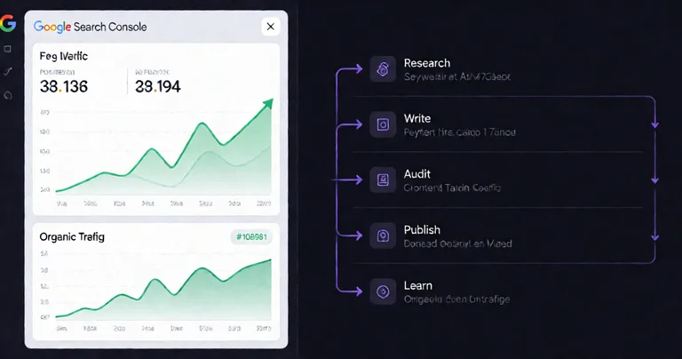 Split-screen dashboard UI mockup. Left side: Google Search Console analytics panel with emerald green upward trend lines…