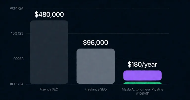 Vertical bar chart comparing SEO content costs. Three bars: Agency SEO at $480,000 (tallest, dark grey), Freelance SEO at…