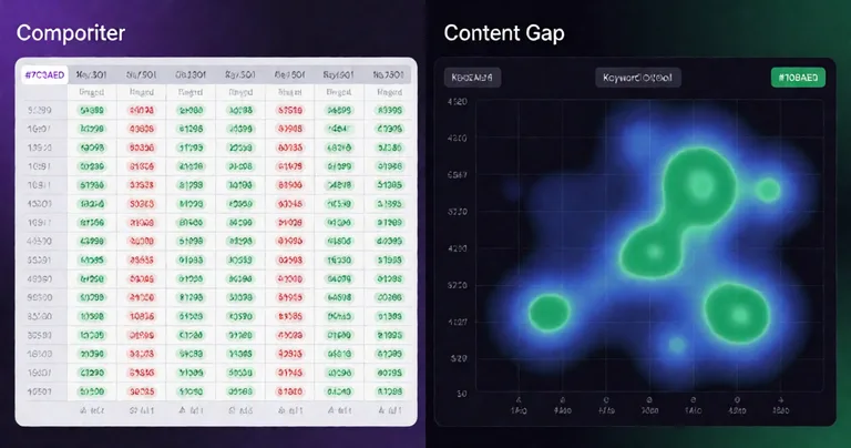 Split-screen data visualization: left side shows a competitor keyword matrix grid with red and green ranking indicators…