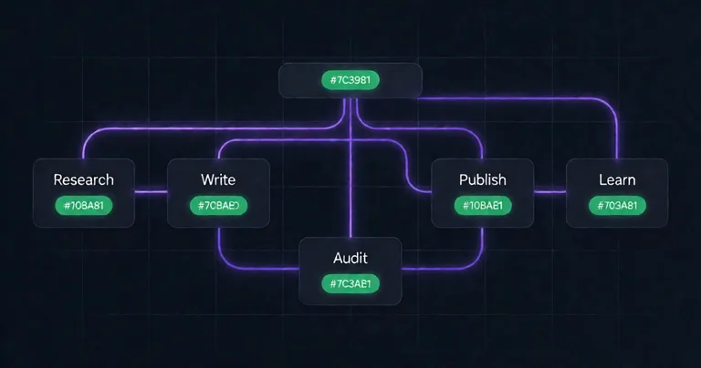Dark-themed technical dashboard UI showing a five-node AI SEO pipeline: Research, Write, Audit, Publish, Learn. Nodes…