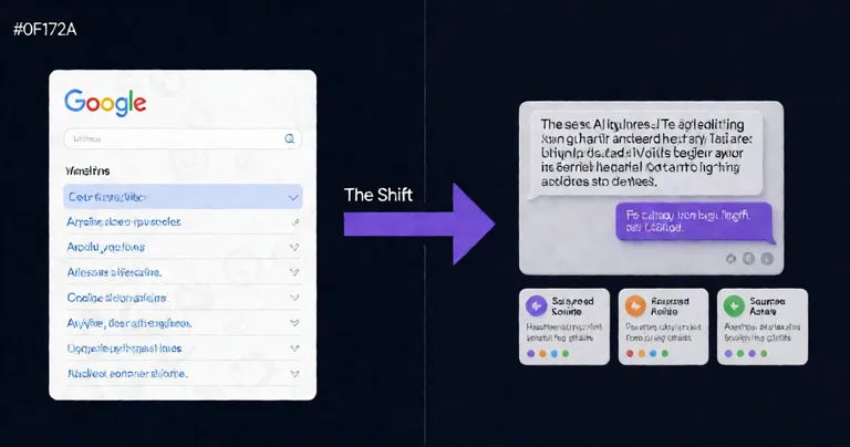Split-screen comparison graphic on navy (#0F172A) background. Left half: stylized traditional Google-style search results…