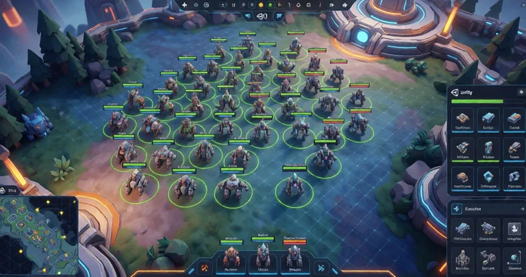 A top-down view of a futuristic real-time strategy game battlefield in Unity Editor, showing dozens of units selected with…