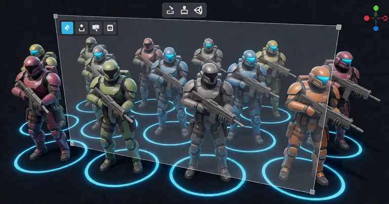 A close-up screenshot of a Unity Editor scene showing a group of 12 sci-fi soldiers selected with glowing blue selection…
