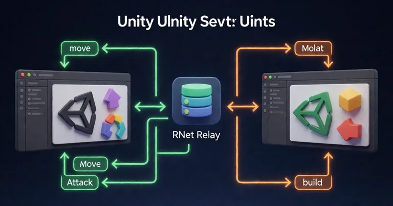A diagram showing two Unity clients connected via a networking library, with arrows representing command messages (move…