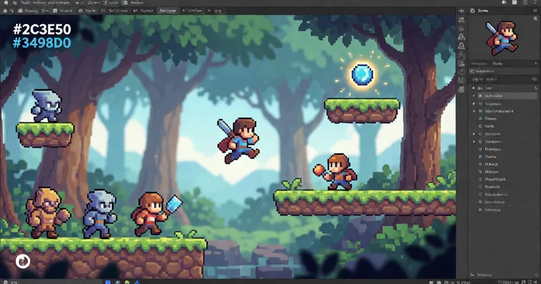 A vibrant 2D side-scrolling adventure game scene in Unity, showing a pixel-art hero mid-jump across a parallax forest…