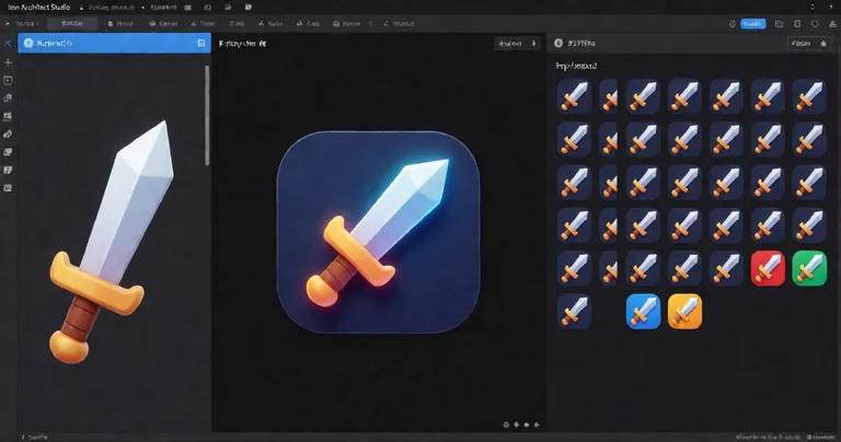 A Unity Editor screenshot showing Icon Architect Studio's interface: a 3D sword model on the left panel, a live icon preview…