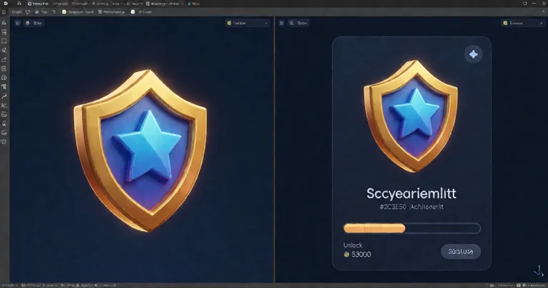 A split-screen Unity Editor view: left side shows an achievement badge icon being rendered from a 3D shield model with warm…