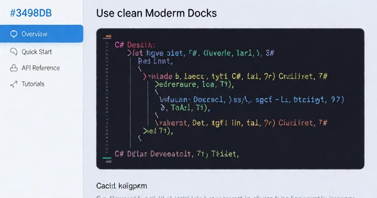 A documentation website screenshot with a clean left sidebar navigation showing sections: Overview, Quick Start, API…