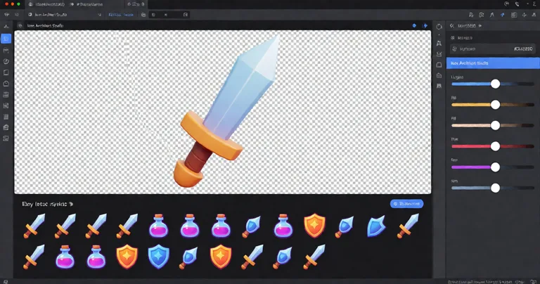 A clean Unity Editor screenshot mockup showing the Icon Architect Studio window. Center: a 3D sword model rendered against a…