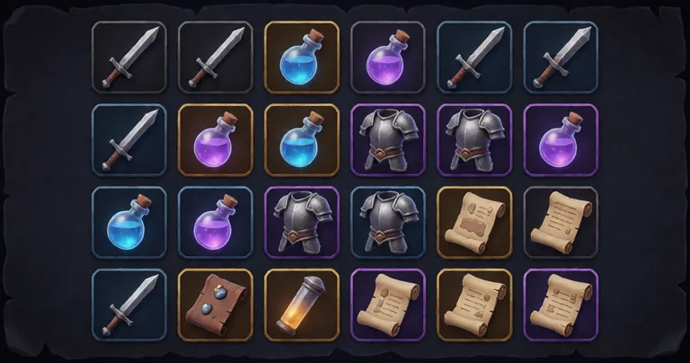 A dark fantasy Unity game inventory UI mockup. Grid of 5x4 slots filled with 3D-rendered 2D icons: iron swords, glowing…