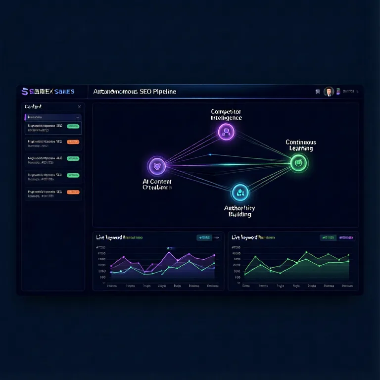 Dark-themed SaaS dashboard UI screenshot showing an autonomous SEO pipeline. Four connected glowing nodes labeled Competitor…