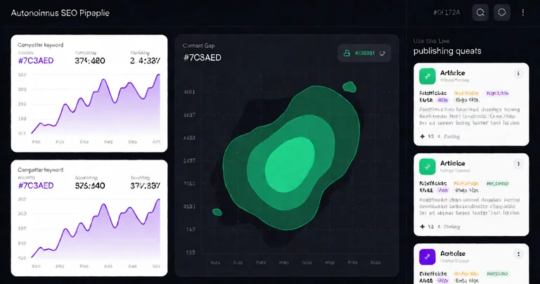 A clean, modern SaaS dashboard interface showing an autonomous SEO pipeline. Left panel: competitor keyword ranking graphs…