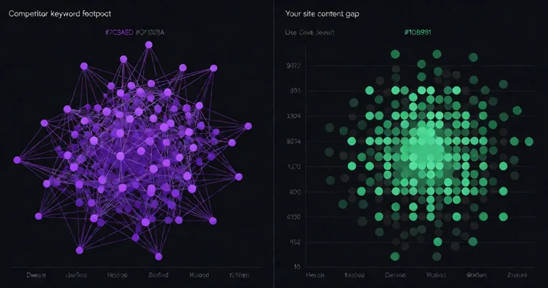 A split-screen data visualization. Left side: a competitor's keyword footprint as a dense purple (#7C3AED) network graph…