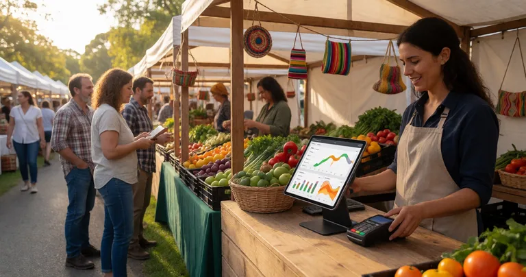 An Australian outdoor market at golden hour. Wooden vendor stalls with fresh produce and handmade goods. A tablet mounted on…
