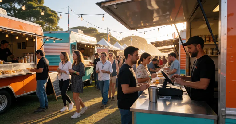 A bustling Australian outdoor festival at golden hour, rows of food trucks and market stalls under string lights, attendees…