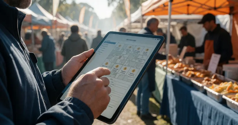 Close-up of an event organiser reviewing vendor applications on a tablet at a market site, site map visible on screen…