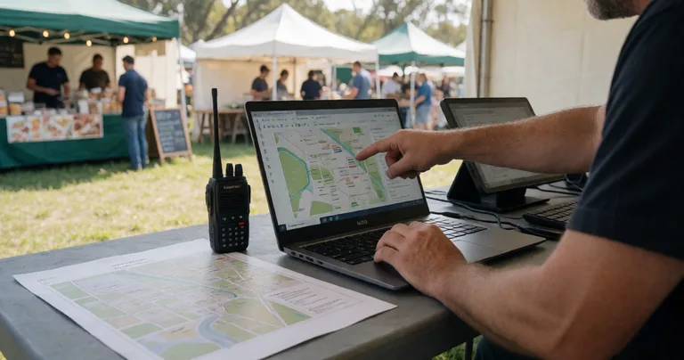 An event site plan displayed on a laptop at a festival control tent, printed map and two-way radio on the table, organiser…