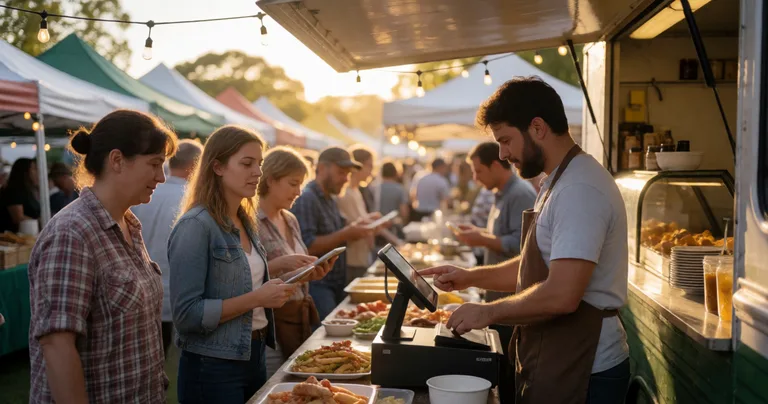 A bustling Australian farmers market at golden hour, food truck vendor using tablet POS on a stand, queue of customers…
