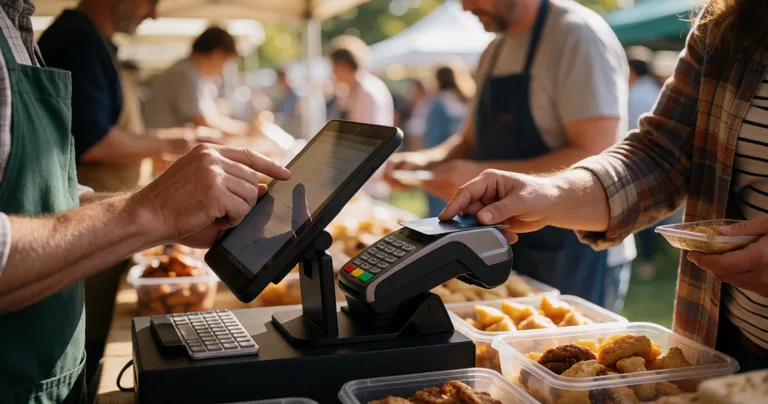 Close-up of market stallholder's hands using tablet POS at outdoor event, customer tapping card on EFTPOS reader, Australian…