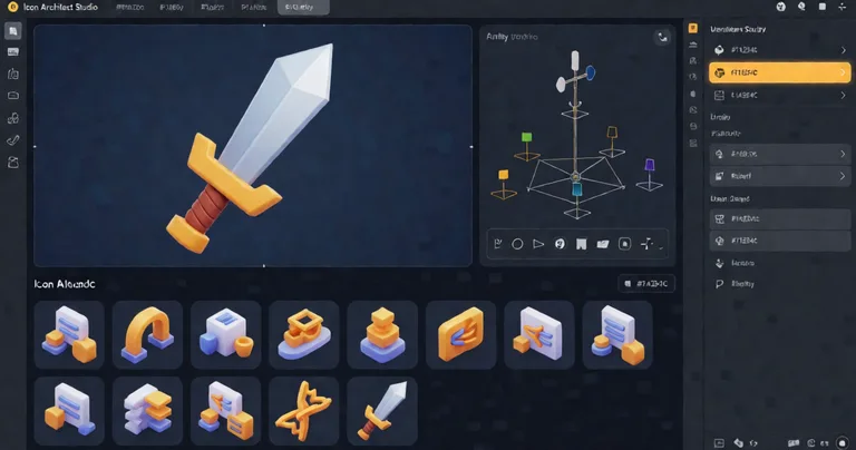 A Unity Editor screenshot showing Icon Architect Studio's interface with a 3D sword model in the preview window, lighting…