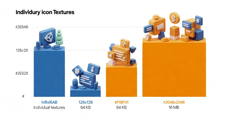 A bar chart comparing memory usage of individual icon textures versus a packed sprite atlas in Unity. The chart shows…